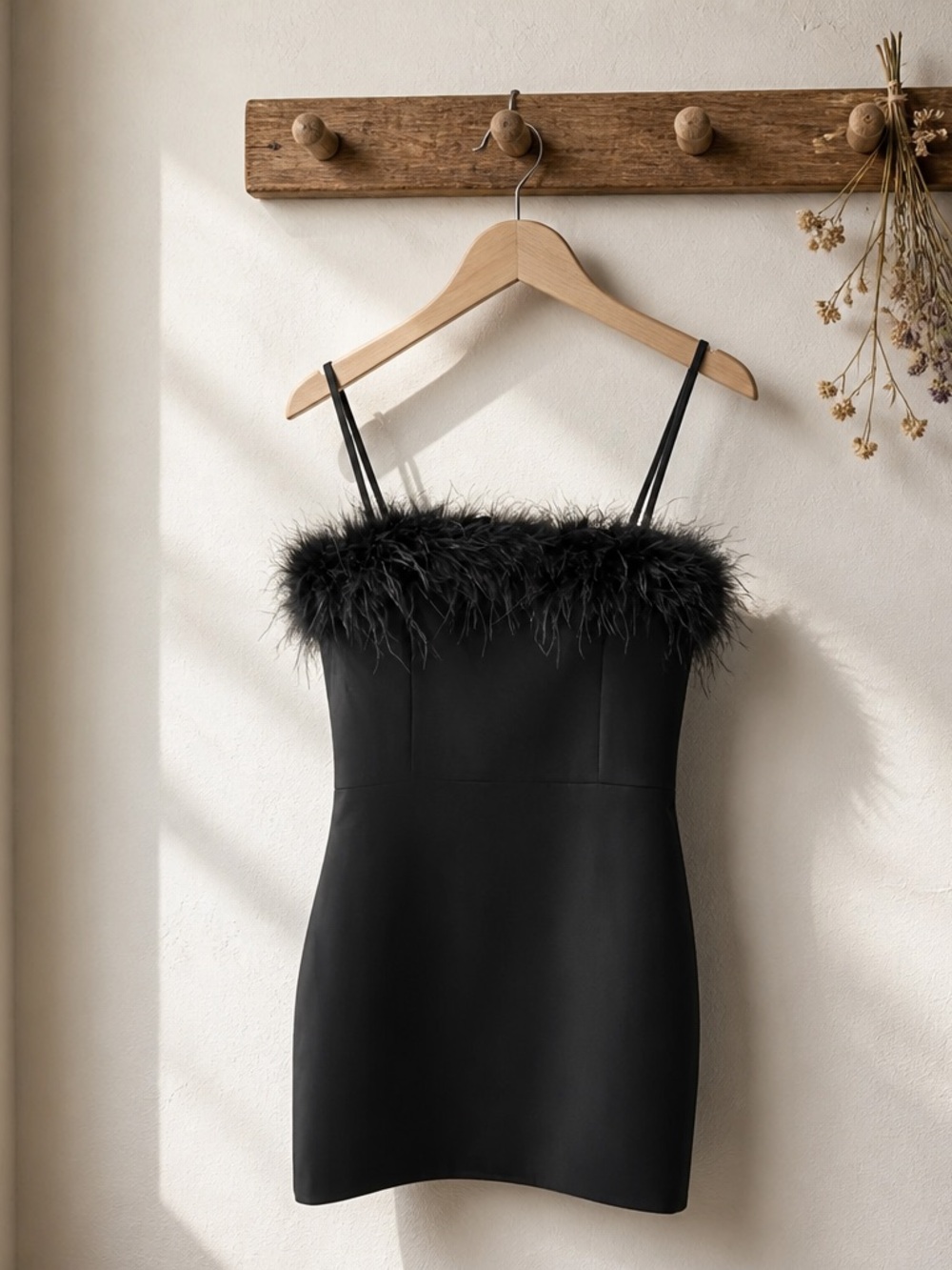Edikted Black Feather-Trim Spaghetti Strap Mini Dress